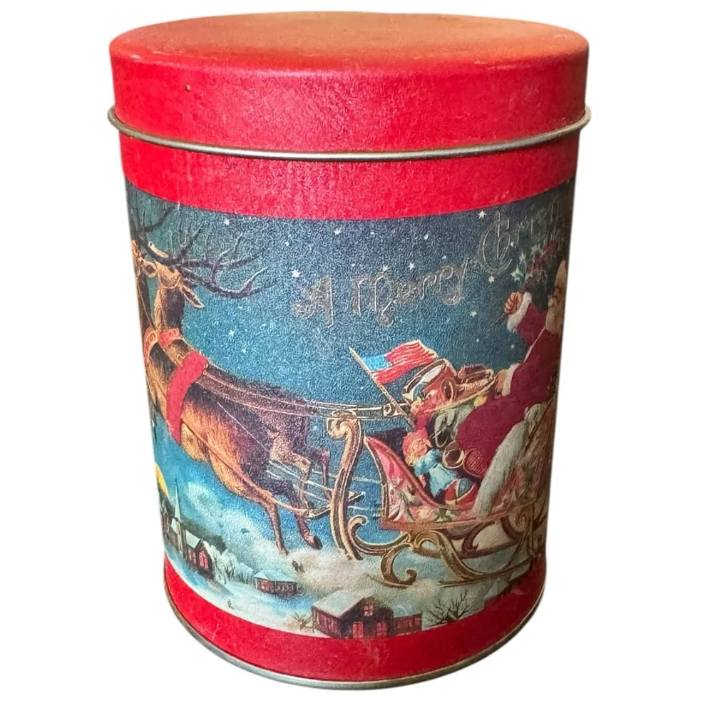 Festive Red Holiday Tin with Santa Design